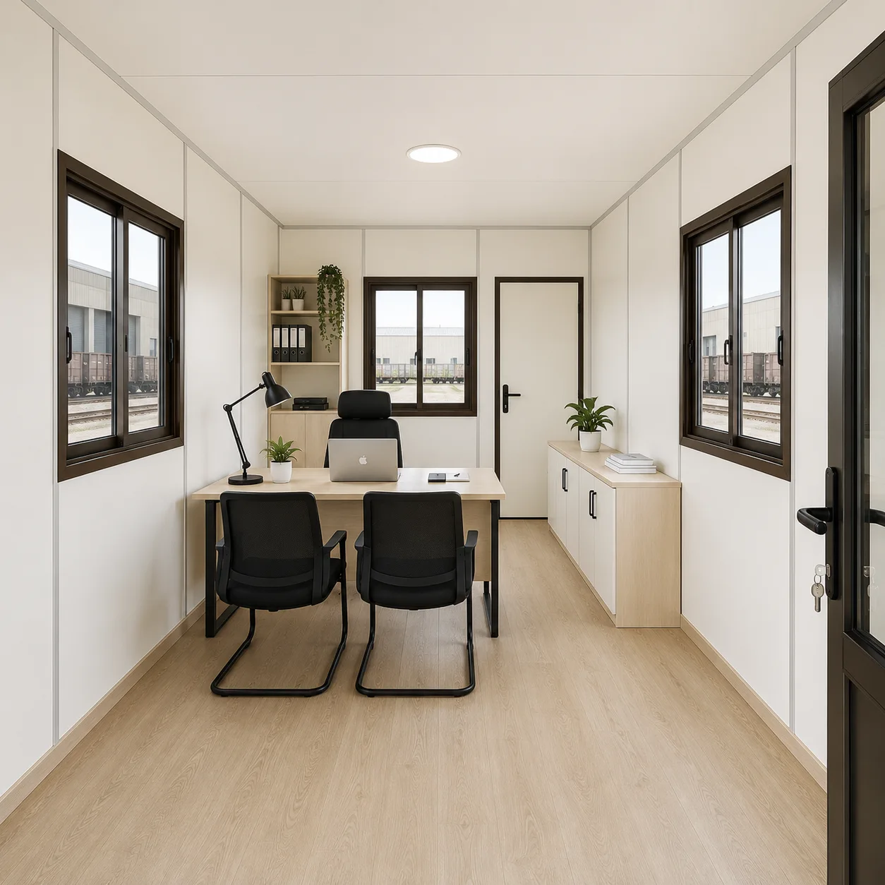 20x10 ft cabin interior with desk, two chairs and side door