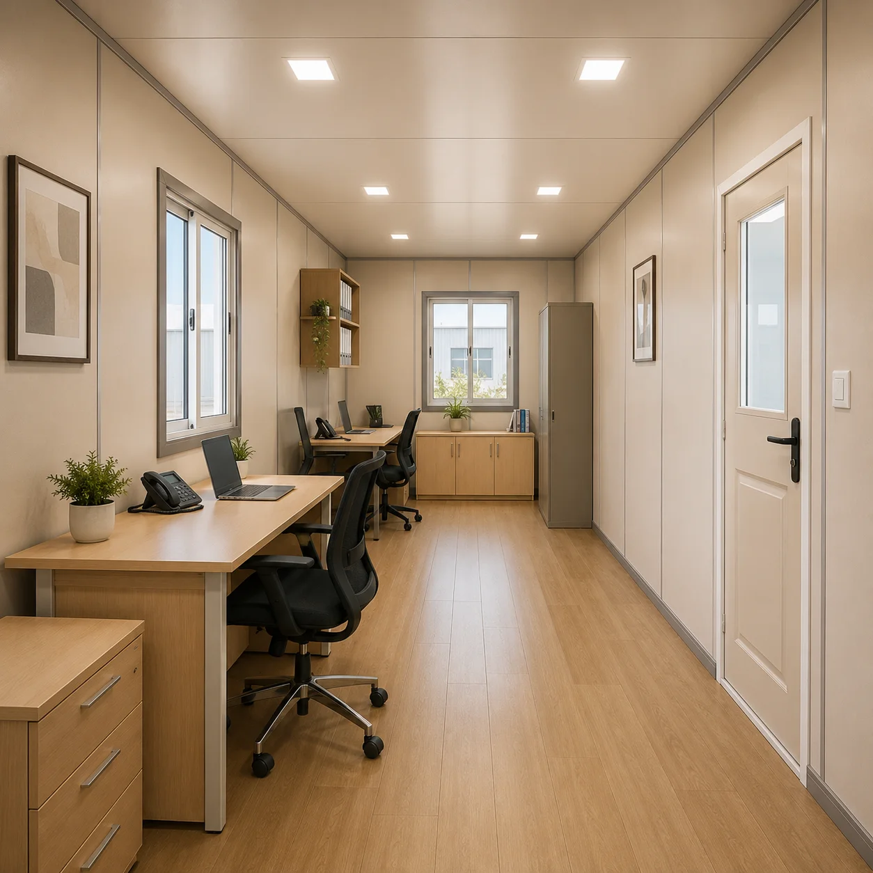 Wood-floored 20x10 ft cabin interior with desks and corridor view