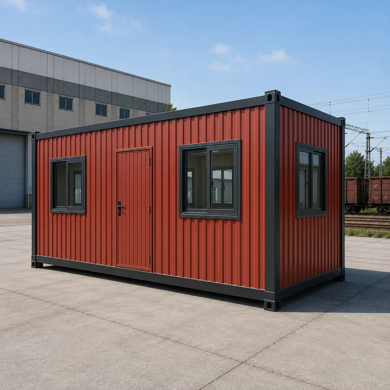 Red 20x10 ft porta cabin with door and two windows, corner view