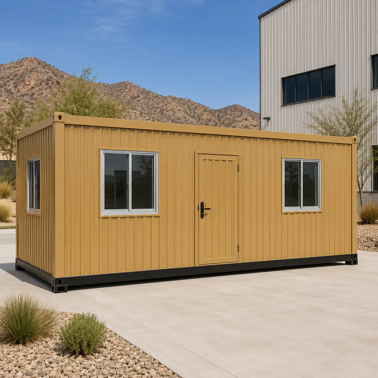 Tan 20x10 ft porta cabin on open ground, side elevation