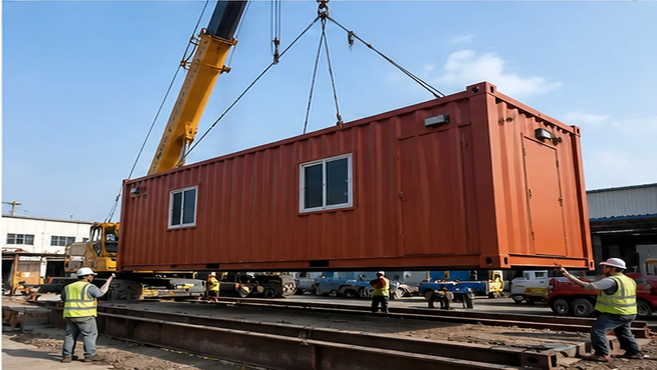 Crane lifting a fire-rated porta cabin into position