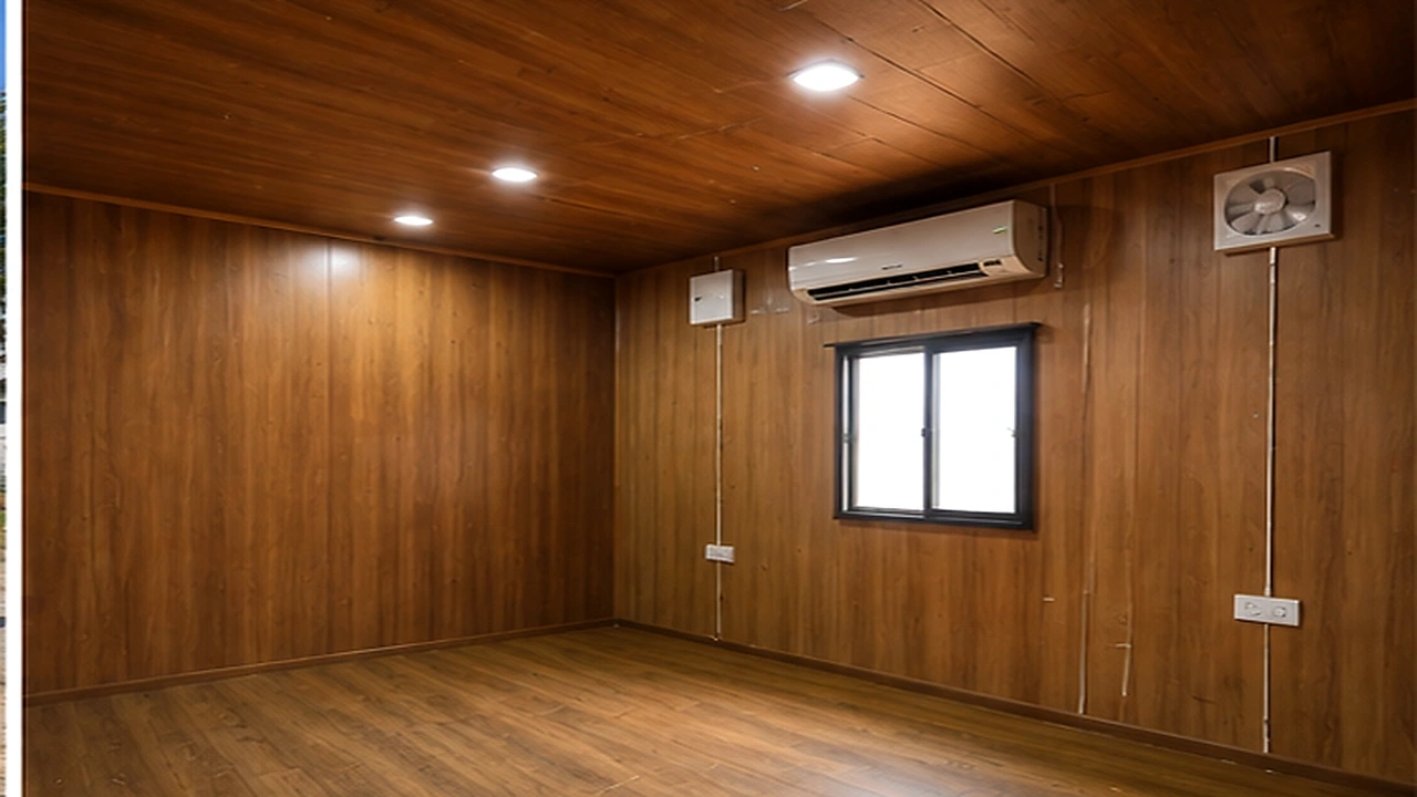 Finished interior with laminate walls, AC unit and exhaust fan