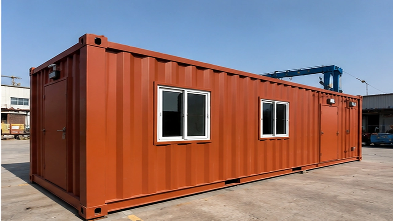 Long side elevation of fire-rated porta cabin at the factory yard
