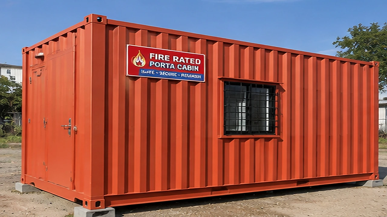 Terracotta fire-rated porta cabin exterior with signboard