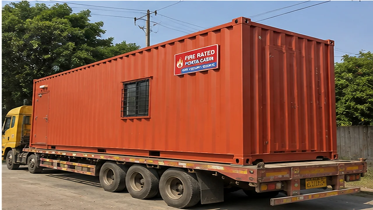 Fire-rated porta cabin loaded on a multi-axle trailer