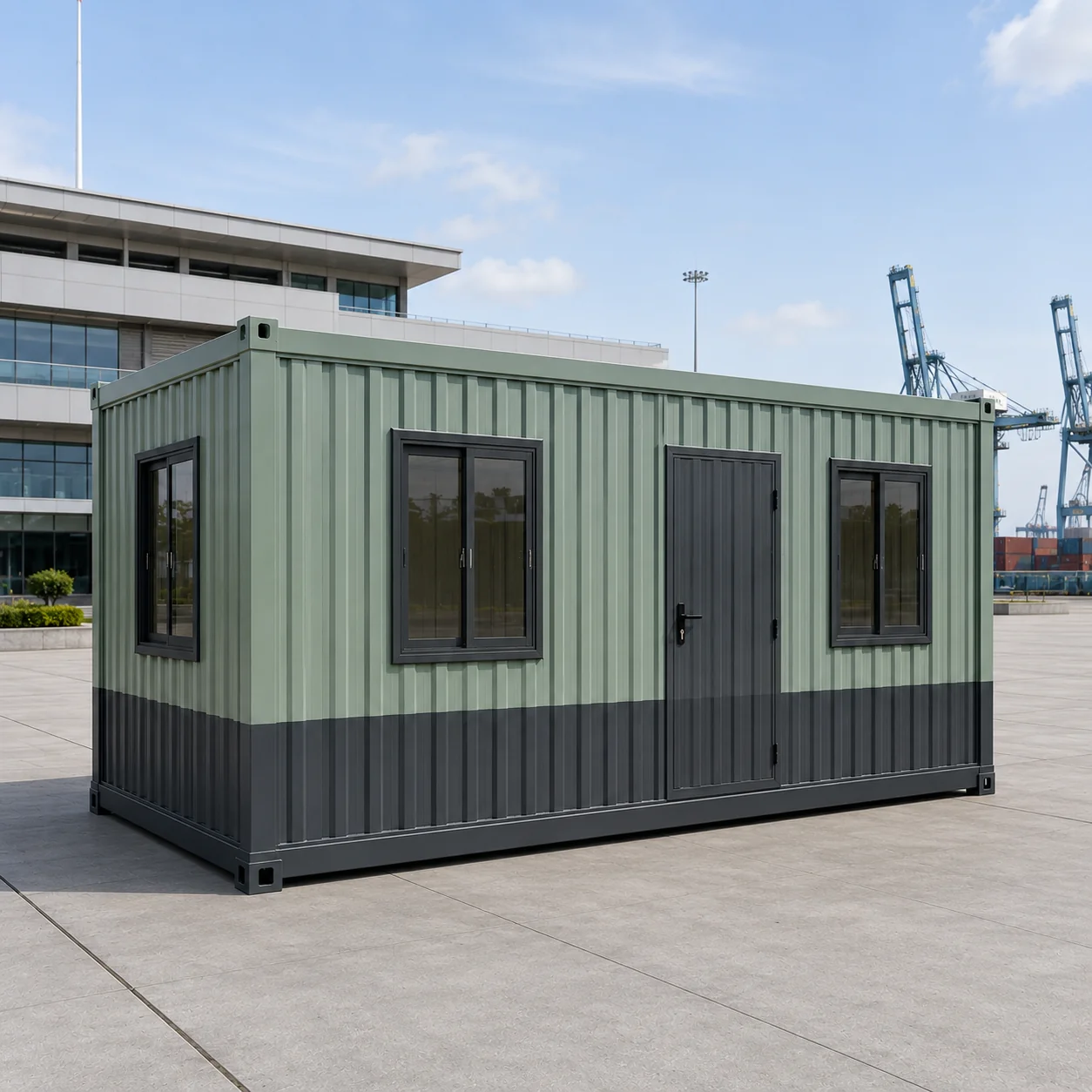 Green and grey 20x10 ft porta cabin at a dockside yard