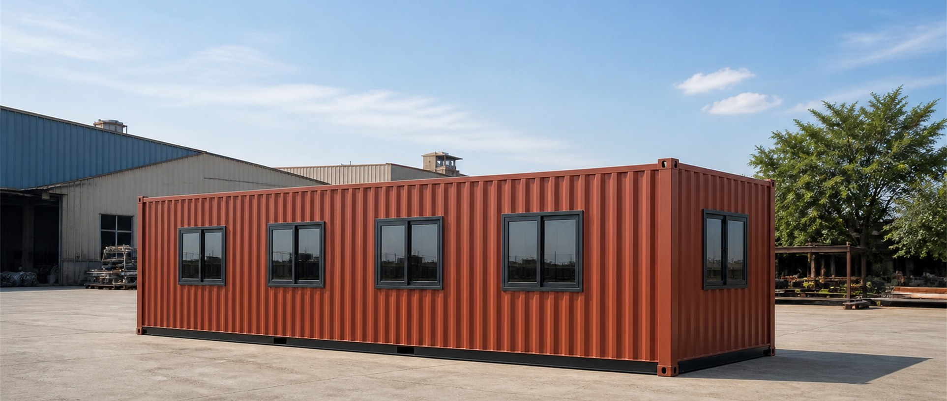 Long red flat-pack container office with four sliding windows standing on a concrete yard