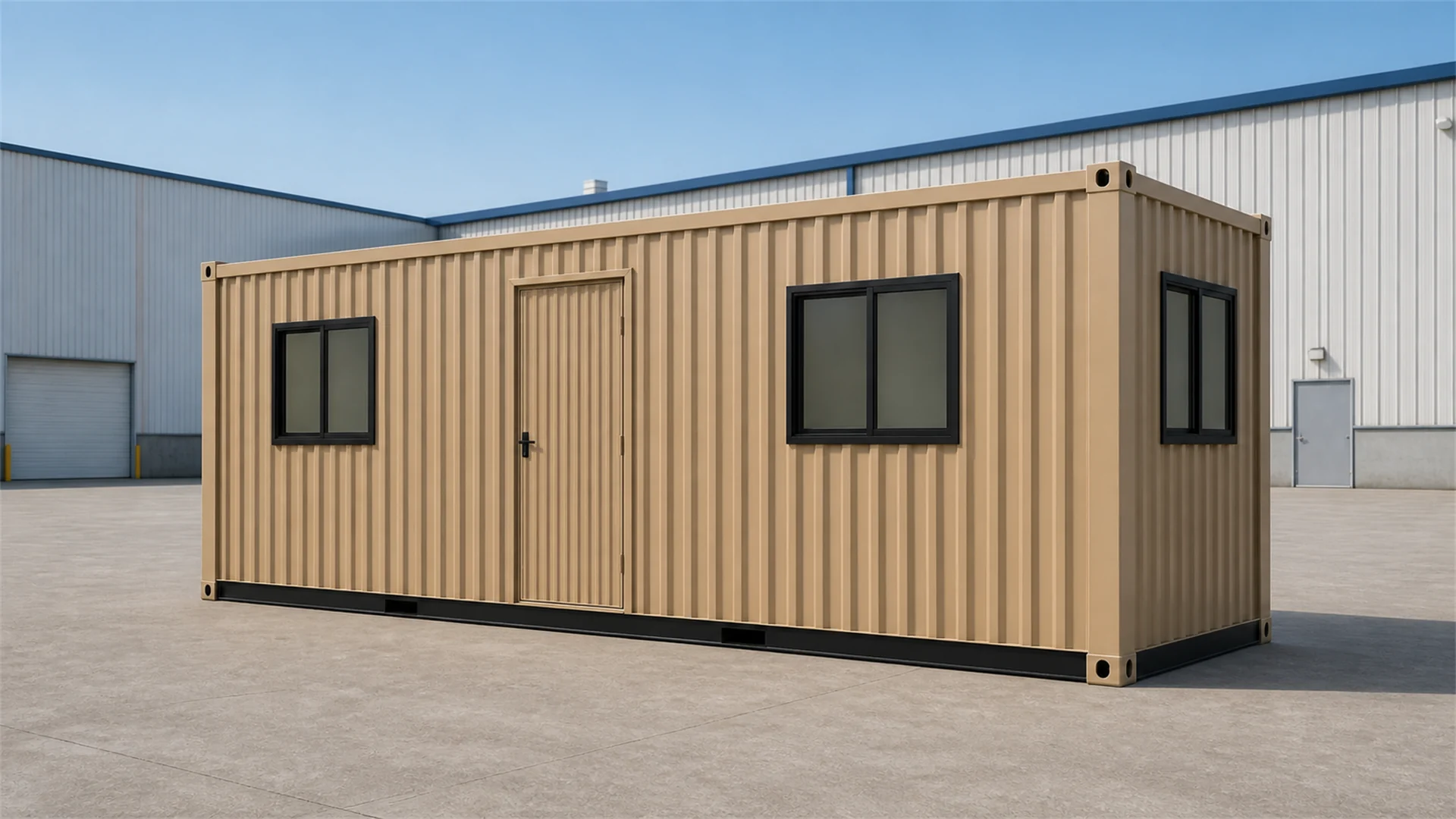 Beige flat pack container office exterior with one door, two sliding windows and an end window in a paved yard