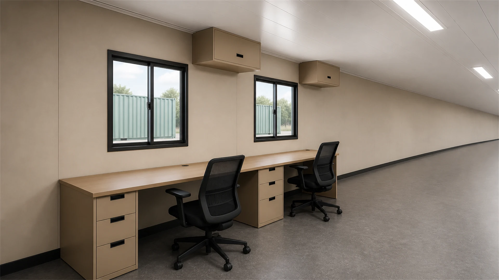 Long container office interior with a continuous desk run, two chairs, overhead cabinets and two sliding windows