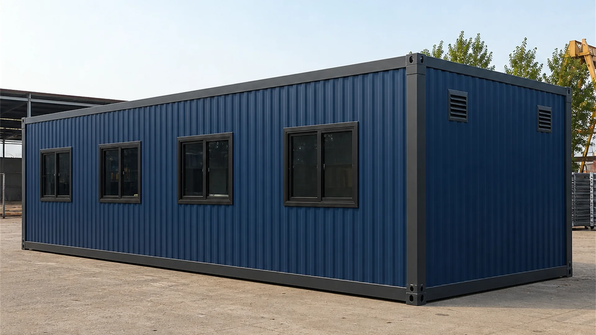 Navy flat pack container office exterior with four sliding windows and two high-level louvre vents on the end wall