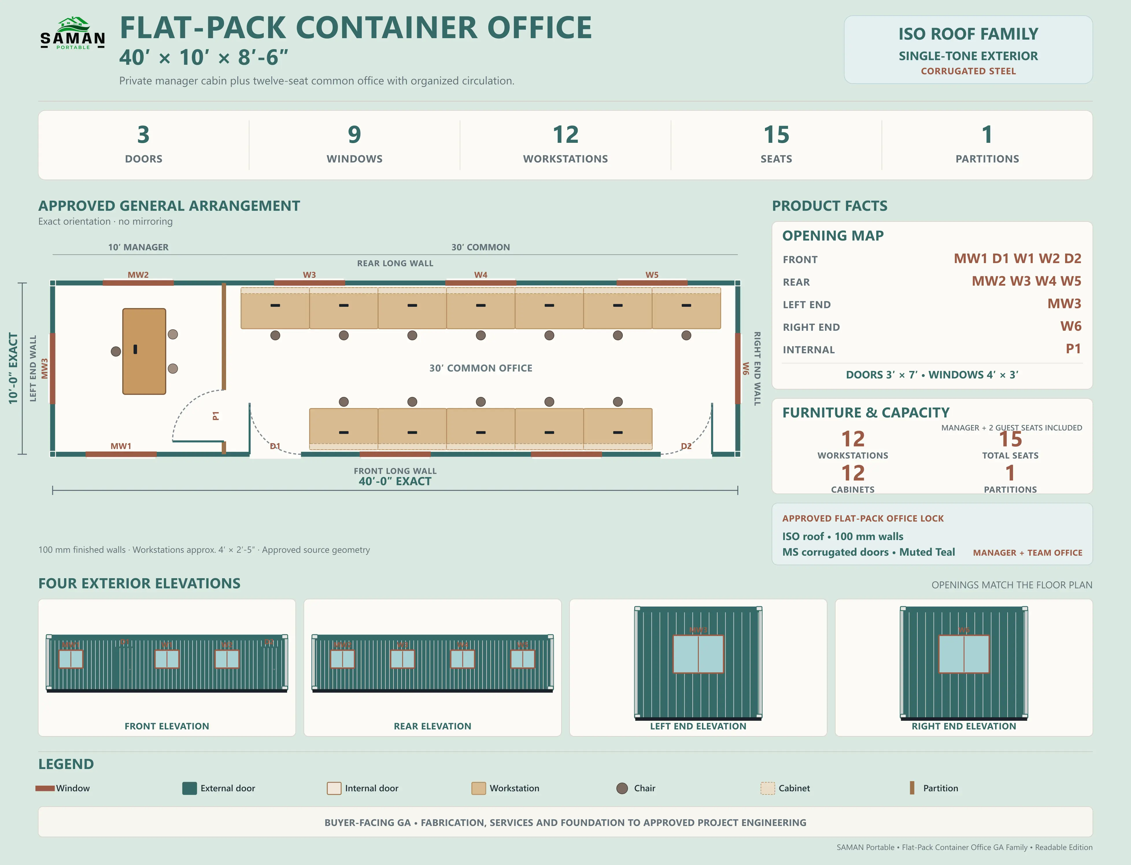 General arrangement board for the flat-pack office with a partitioned manager cabin and common office