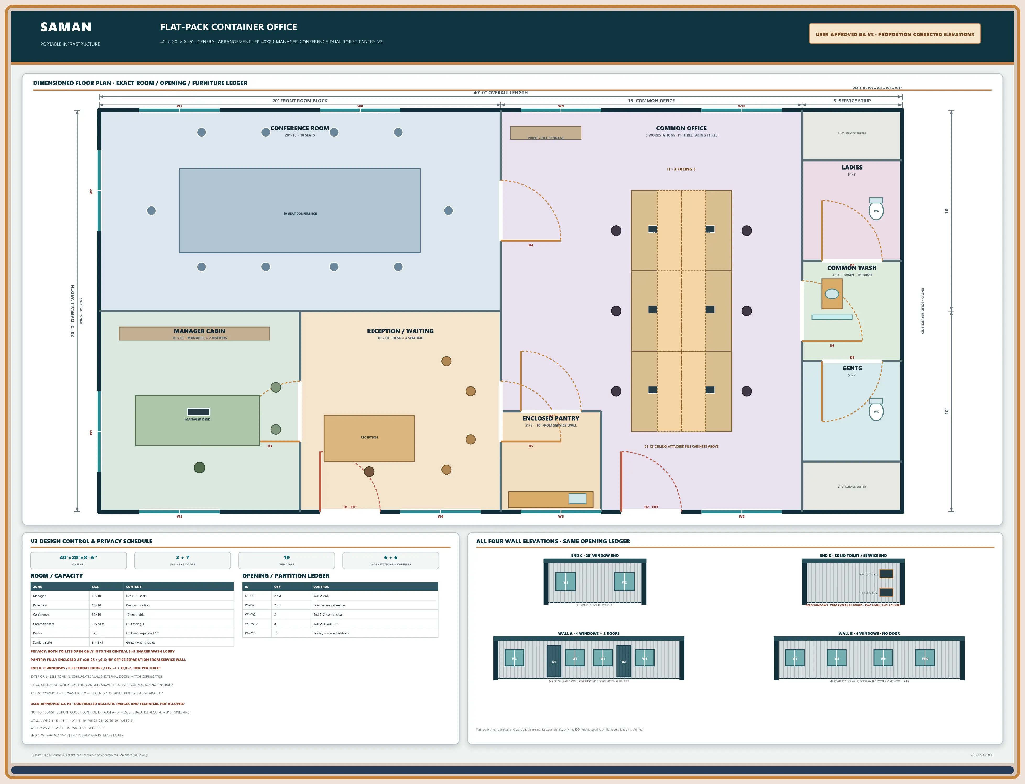 General arrangement board for the widest flat-pack office with conference, manager, reception and service rooms