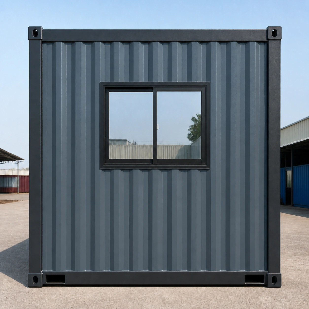 End elevation of the slate blue-grey flat-pack office with one centred sliding window and forklift pockets