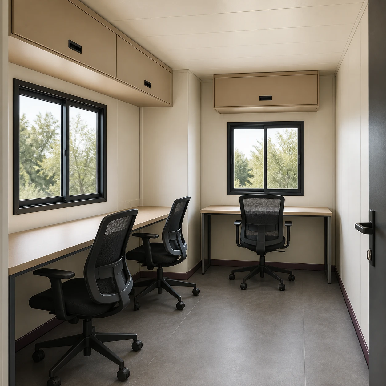 Two desks along the long wall under a sliding window and a third desk at the end window, oak tops