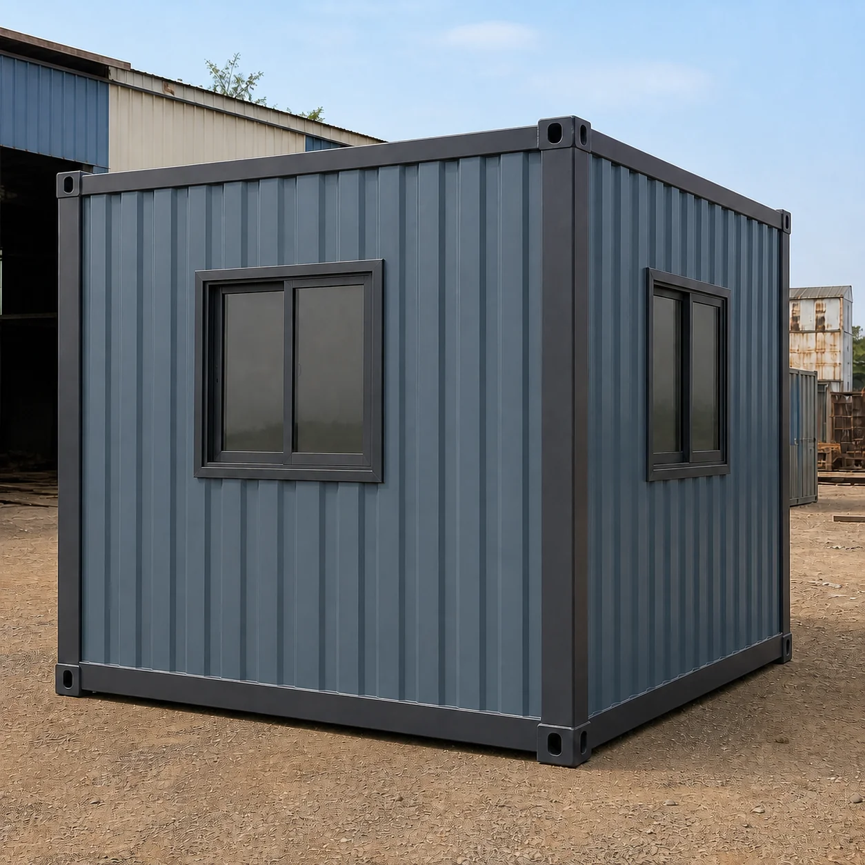 Rear wall of the slate blue-grey flat-pack office with one sliding window and an end window, gravel yard