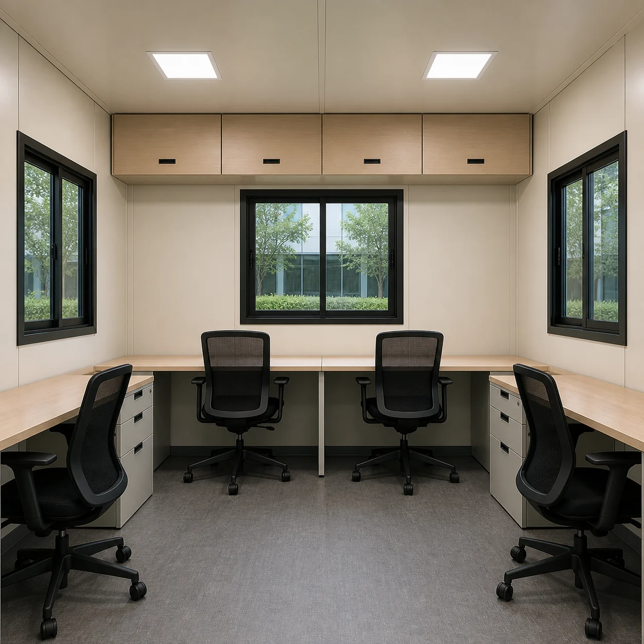 Champagne cream interior with four workstations, four mesh chairs and overhead cabinets under three windows