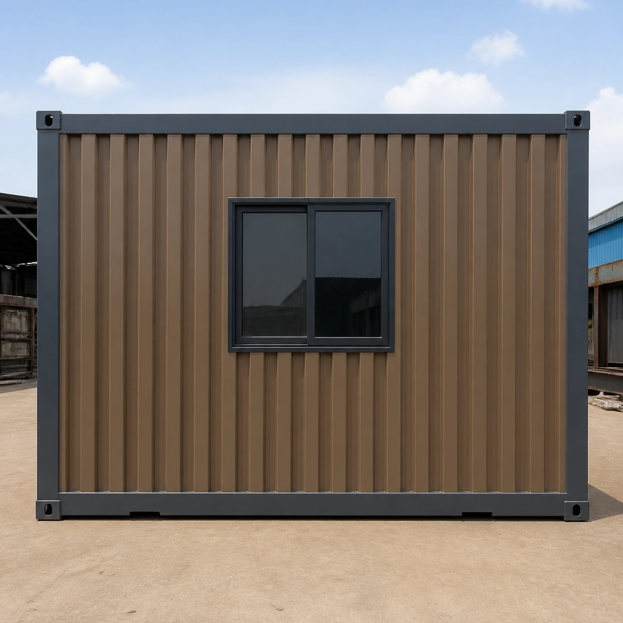 End elevation of the mineral bronze flat-pack office with one centred sliding window and corner castings