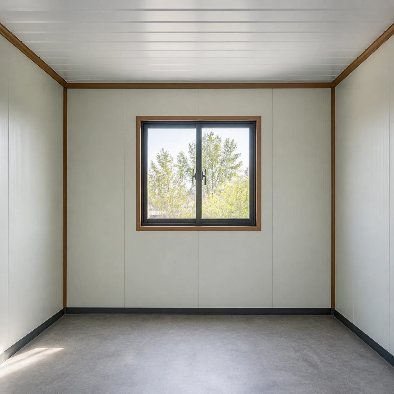 Empty container office end wall with one centred sliding window above a grey vinyl floor