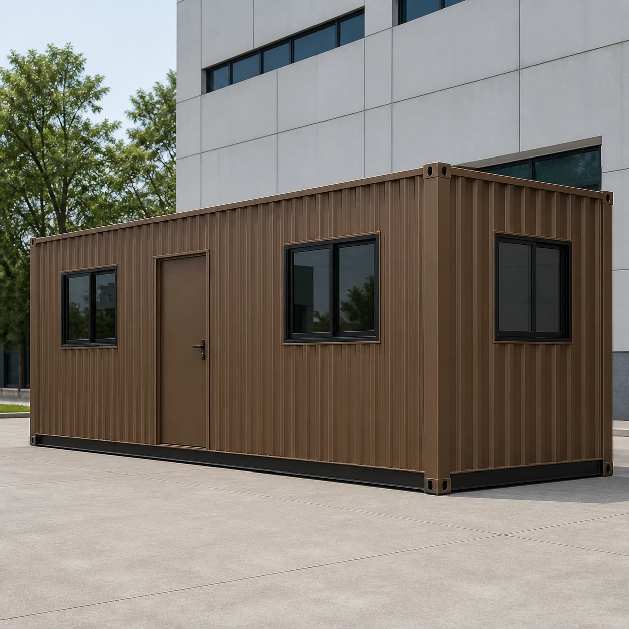 Mineral bronze flat-pack container office, long wall with a window, personnel door and second window