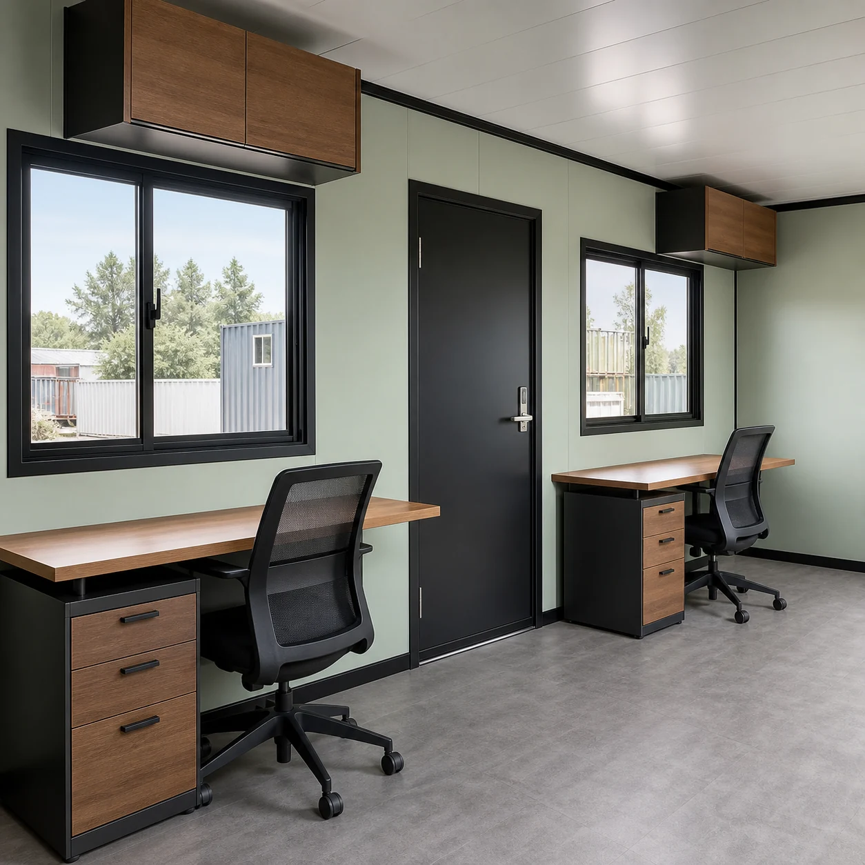 Two workstations with drawer pedestals and overhead cabinets flanking the entrance door
