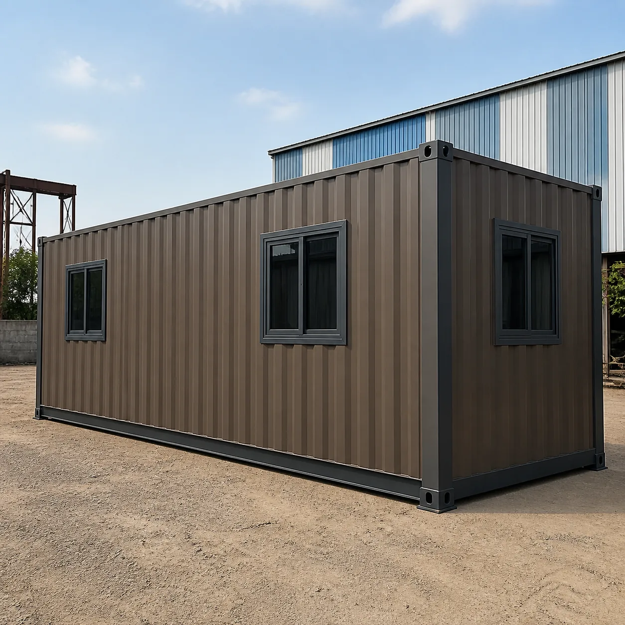 Rear long wall of the mineral bronze flat-pack office with two sliding windows and no door