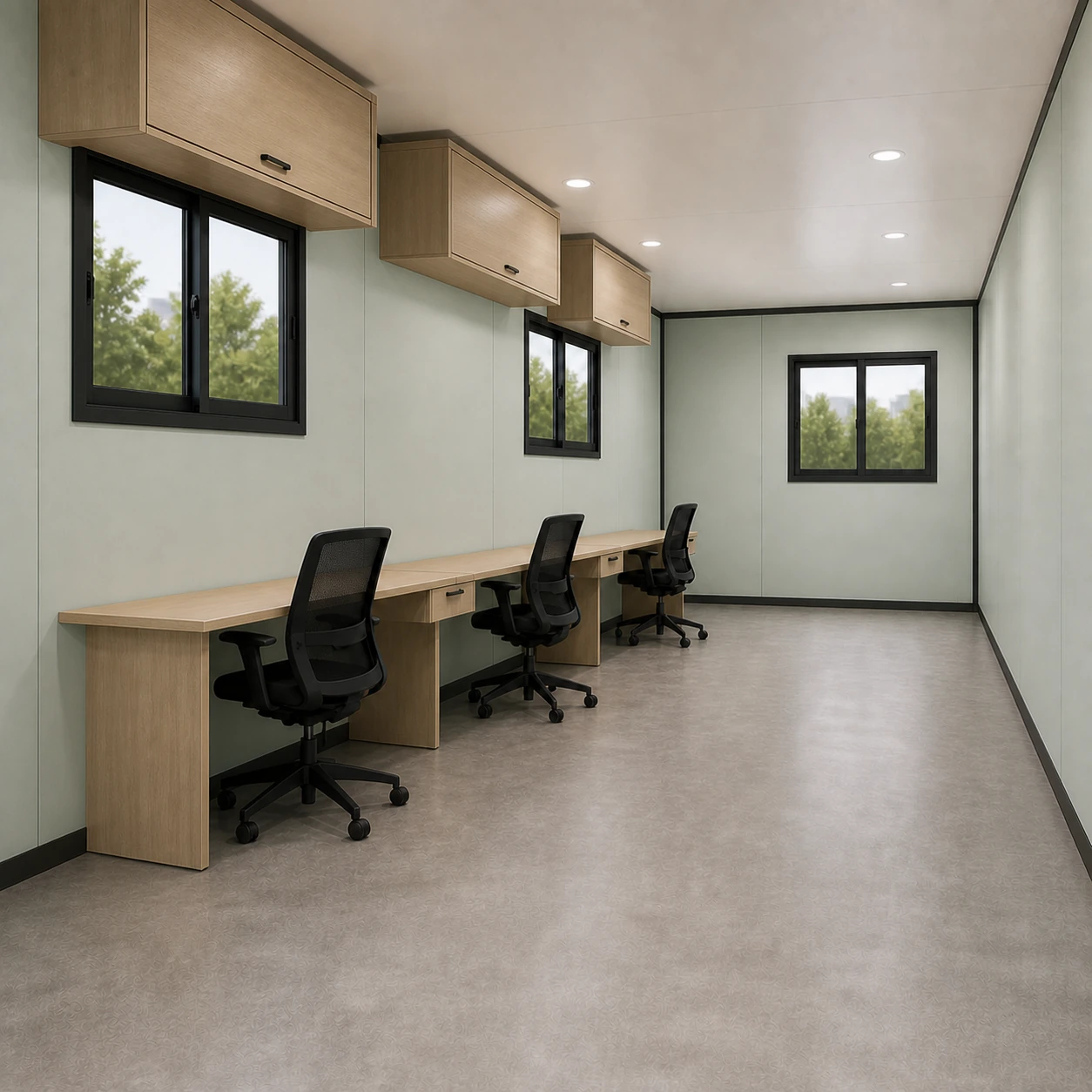 Porcelain sage interior with three desks, three chairs and overhead cabinets, clear aisle to the end window