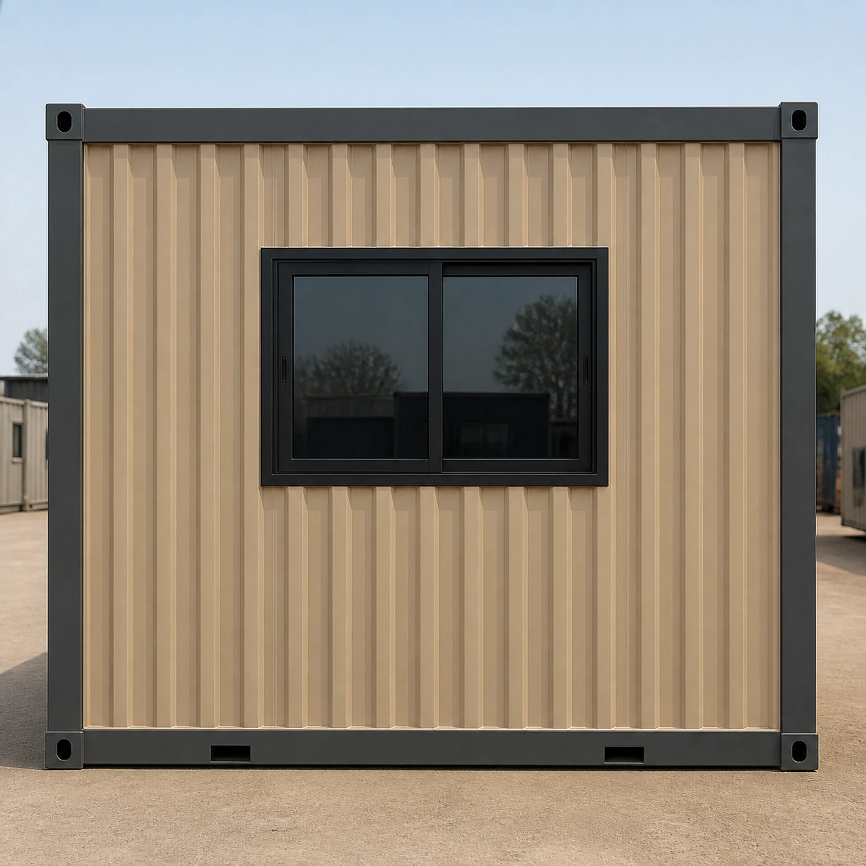 Straight-on end elevation of the sandstone beige flat-pack office with one centred sliding window