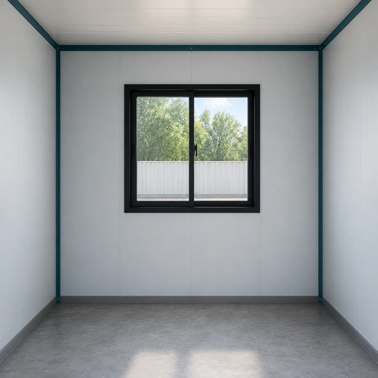 Interior end wall of the flat-pack office with one centred sliding window and pale lining panels