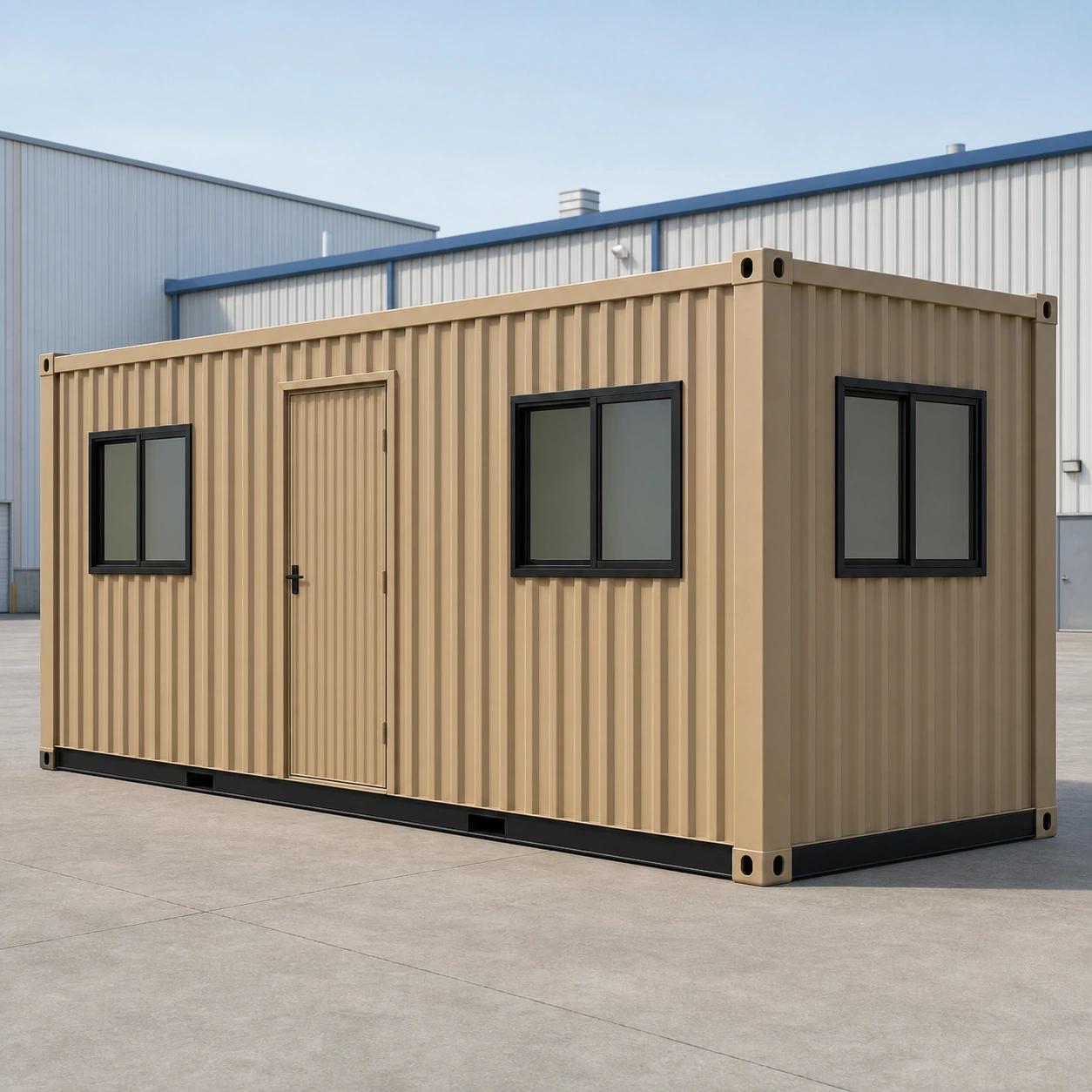 Sandstone beige flat-pack container office with a personnel door between two sliding windows