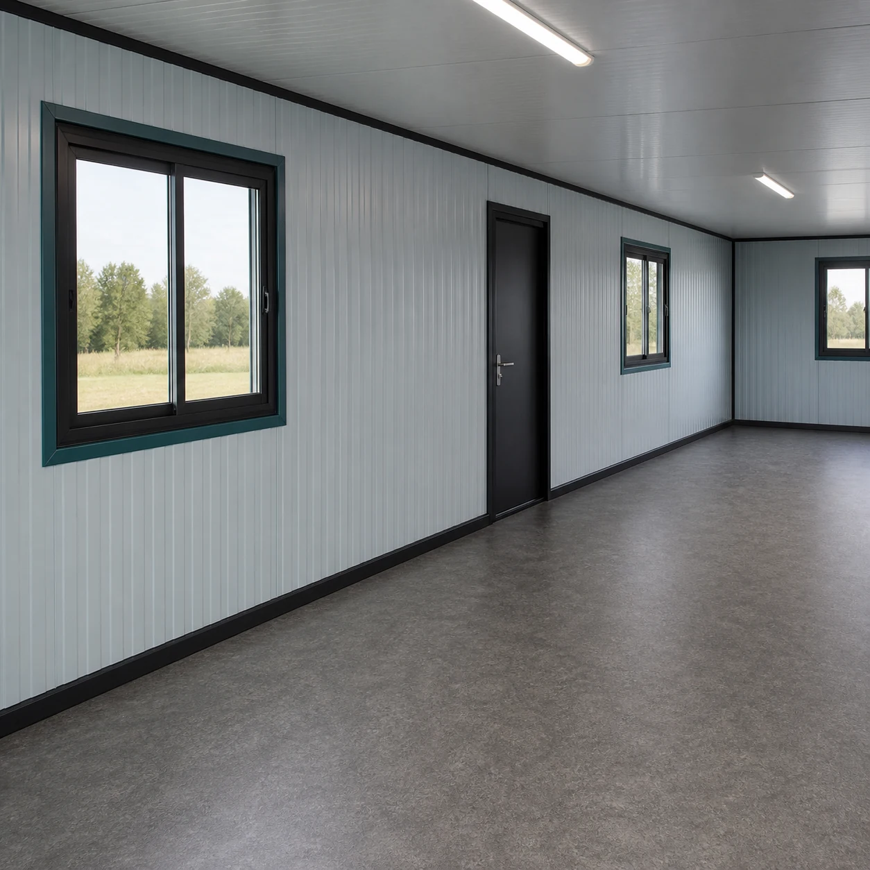 Mist blue-grey interior showing the entrance door between two sliding windows and the end-wall window