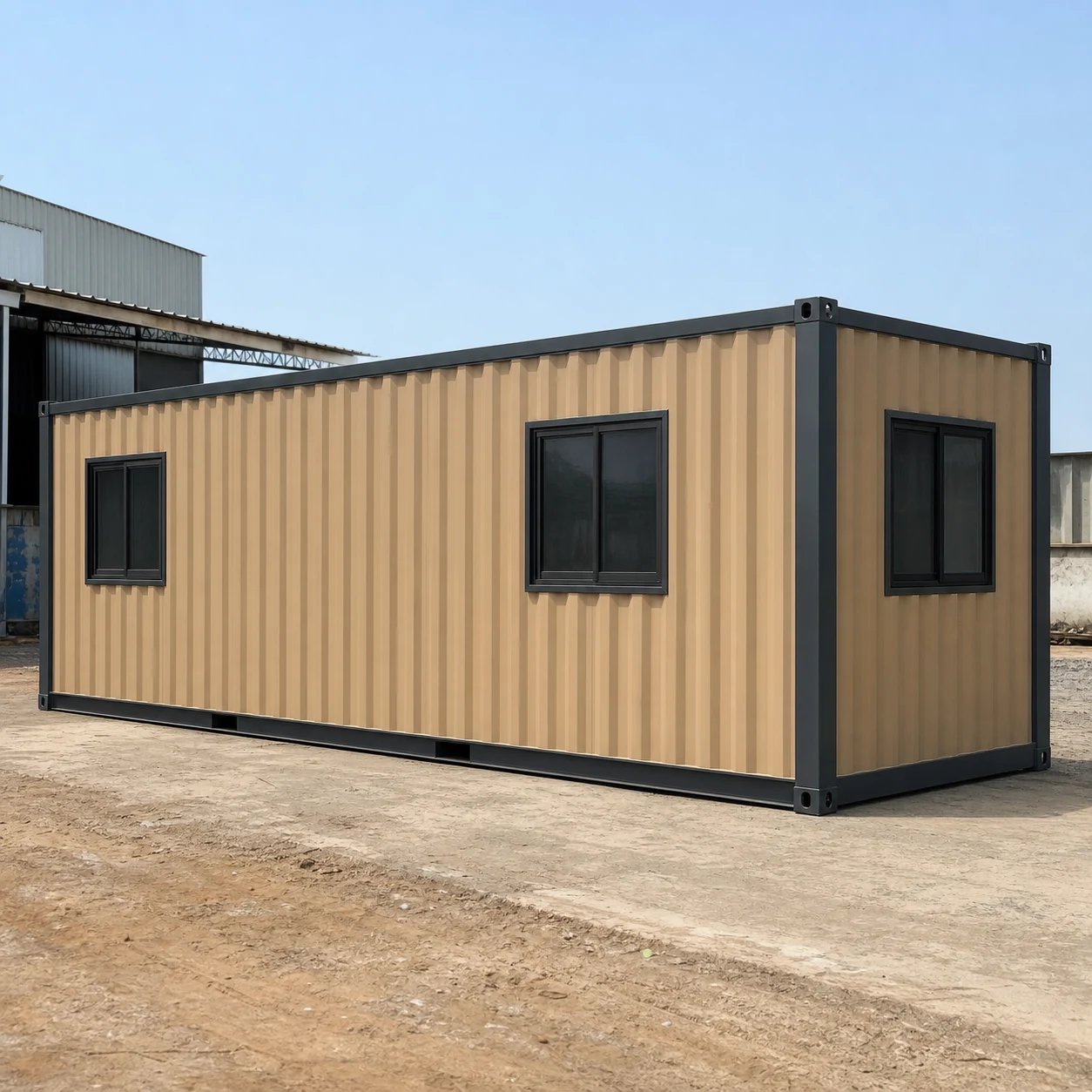 Rear long wall of the sandstone beige flat-pack office with two sliding windows and no door