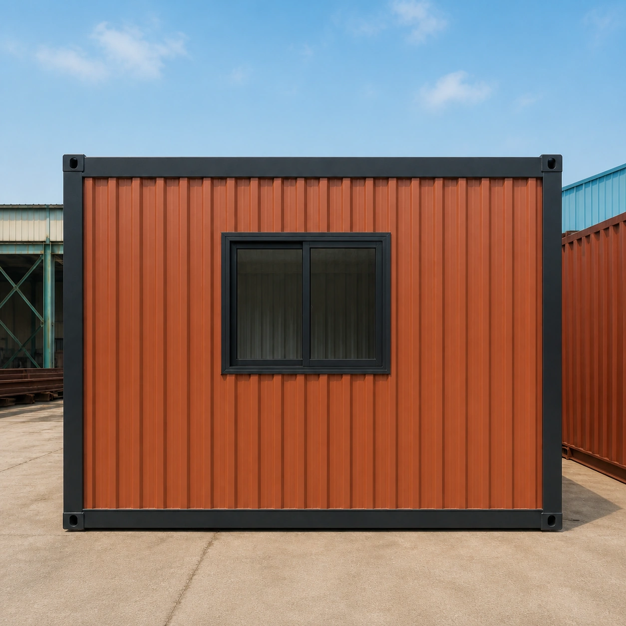 End elevation of the burnt terracotta flat-pack office with one centred sliding window and black base rail