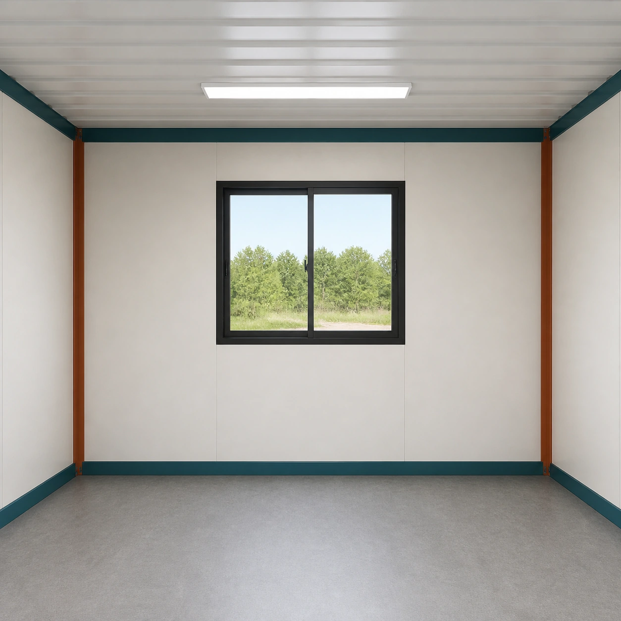 Porcelain white interior end wall with one centred sliding window and a grey vinyl floor