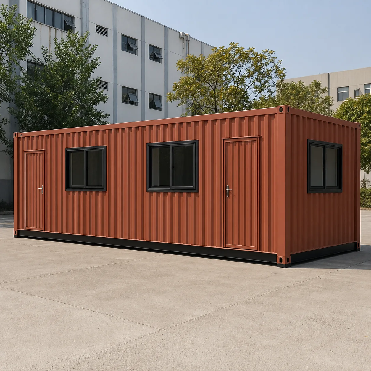 Burnt terracotta flat-pack container office with two personnel doors and two sliding windows on one wall
