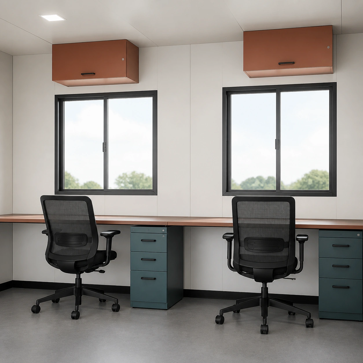 Two workstations with mesh chairs, drawer pedestals and overhead cabinets below sliding windows