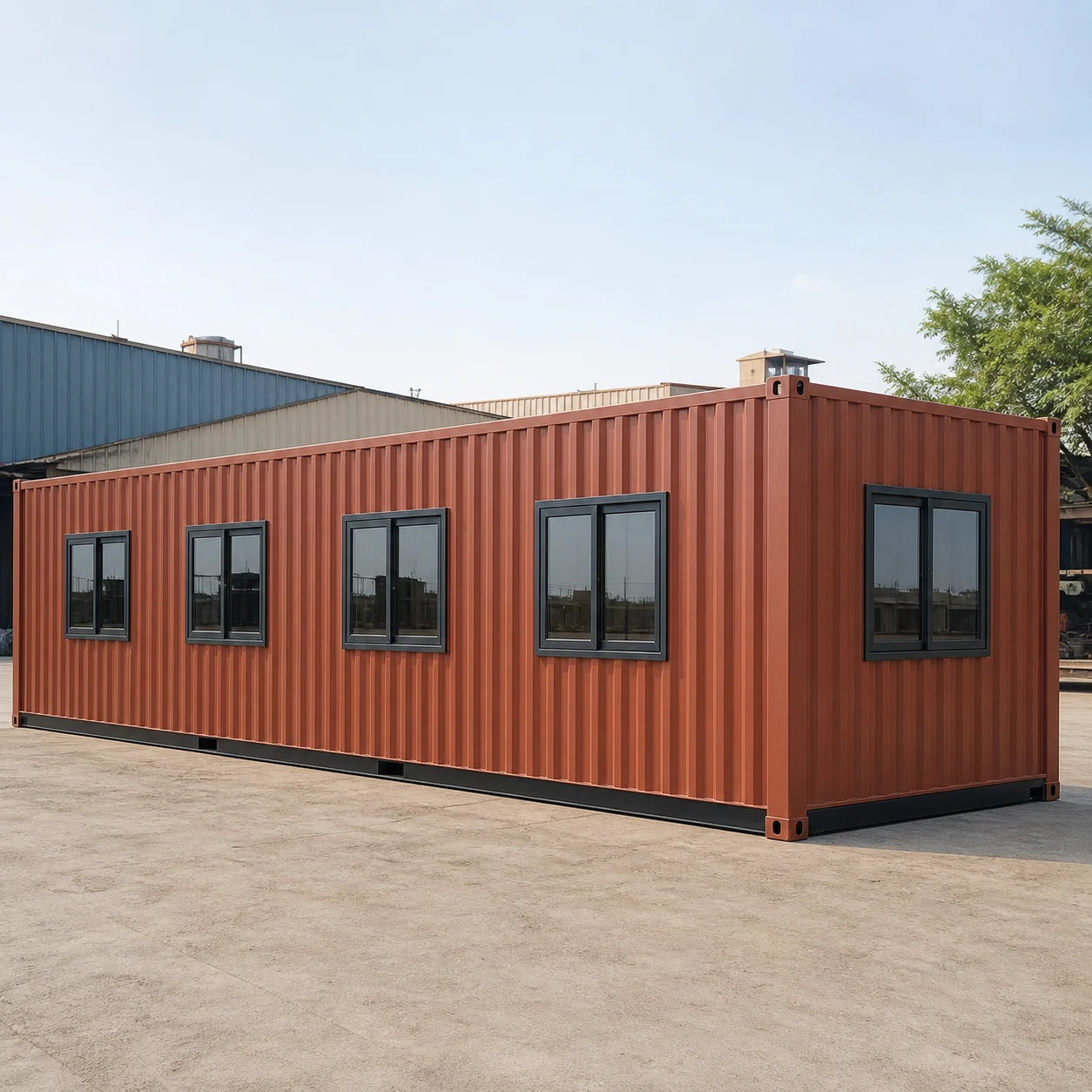 Four evenly spaced sliding windows along the rear long wall of the burnt terracotta flat-pack office