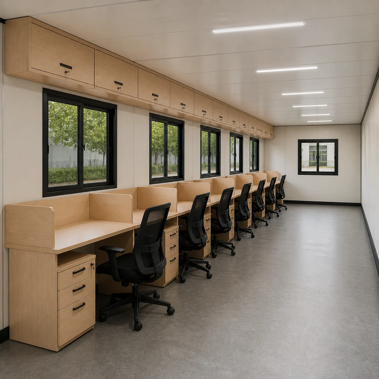 Seven-desk workstation row with overhead cabinets under four sliding windows and linear LED ceiling lights