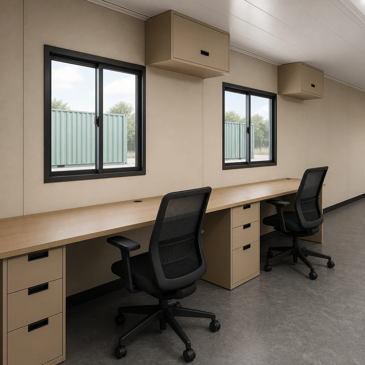 Common office wall with two sliding windows, a continuous laminate worktop, mesh chairs and cabinets
