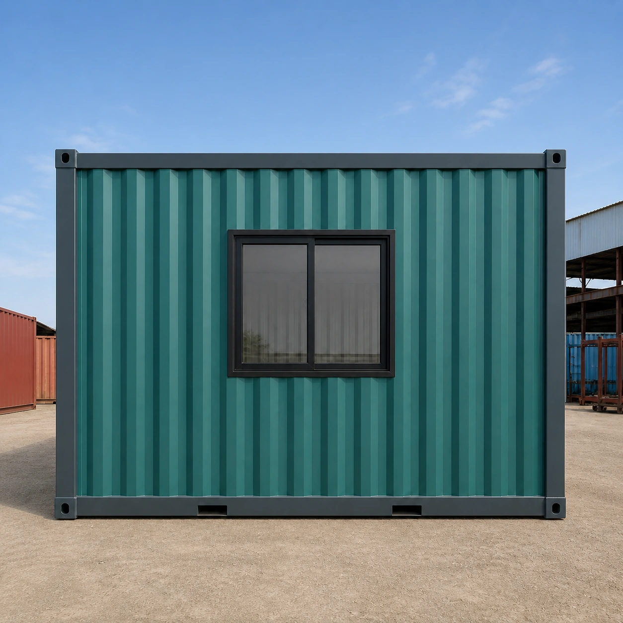 End elevation of the muted teal flat-pack office with one centred sliding window and charcoal corner posts