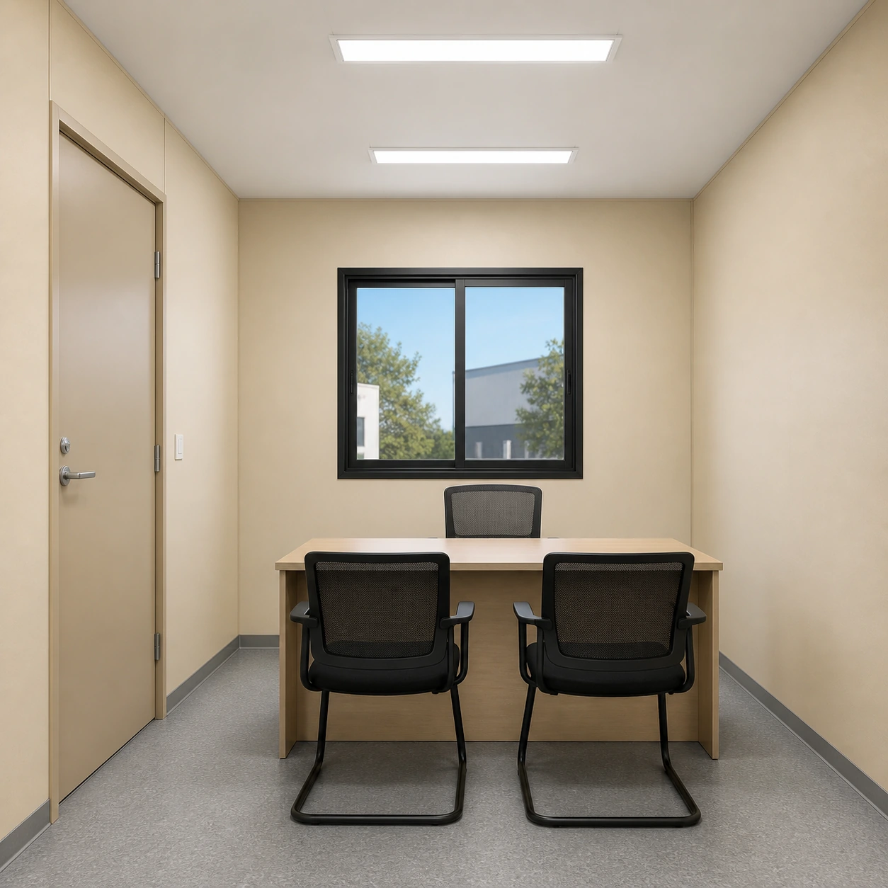 Manager cabin in almond beige with a laminate desk, manager chair, two visitor chairs and a flush door