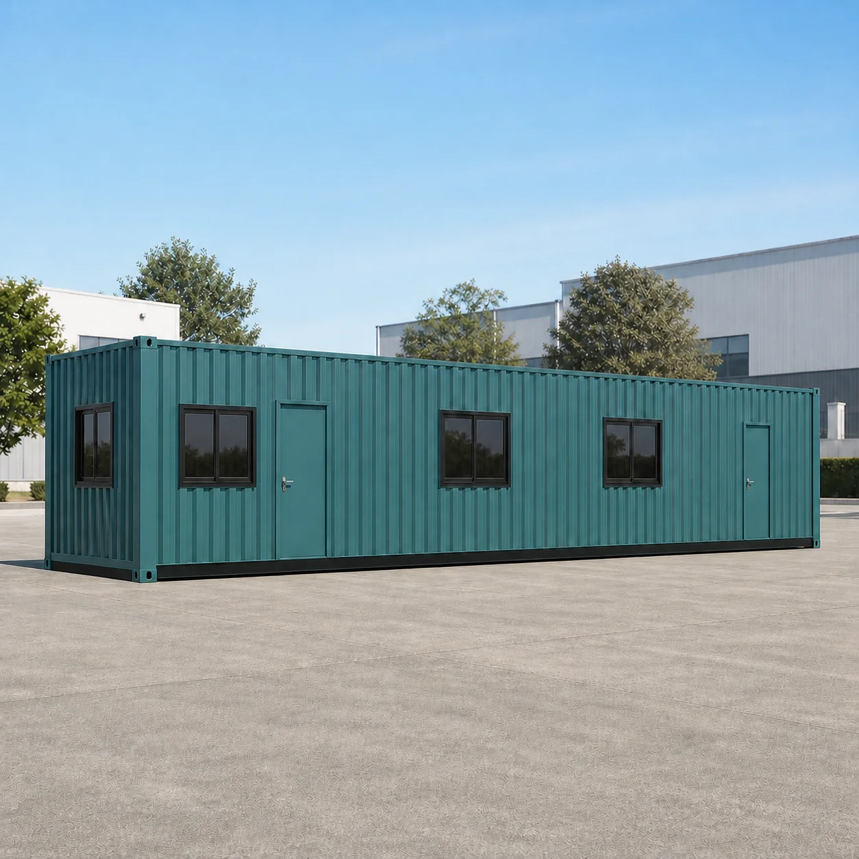Muted teal flat-pack container office with two personnel doors and three sliding windows on one long wall