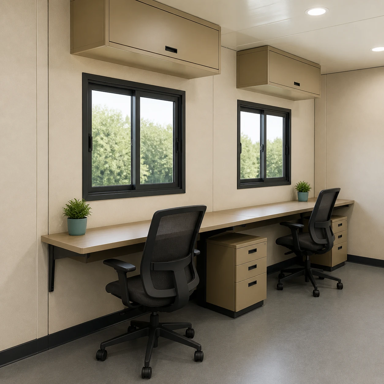 Workstation run with two sliding windows, overhead storage cabinets and three-drawer pedestals