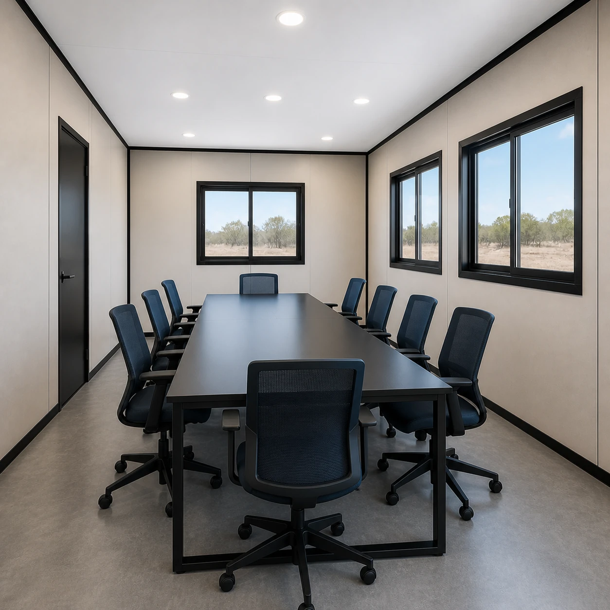 Conference room with a long table, ten mesh chairs, two long-wall sliding windows and one end window