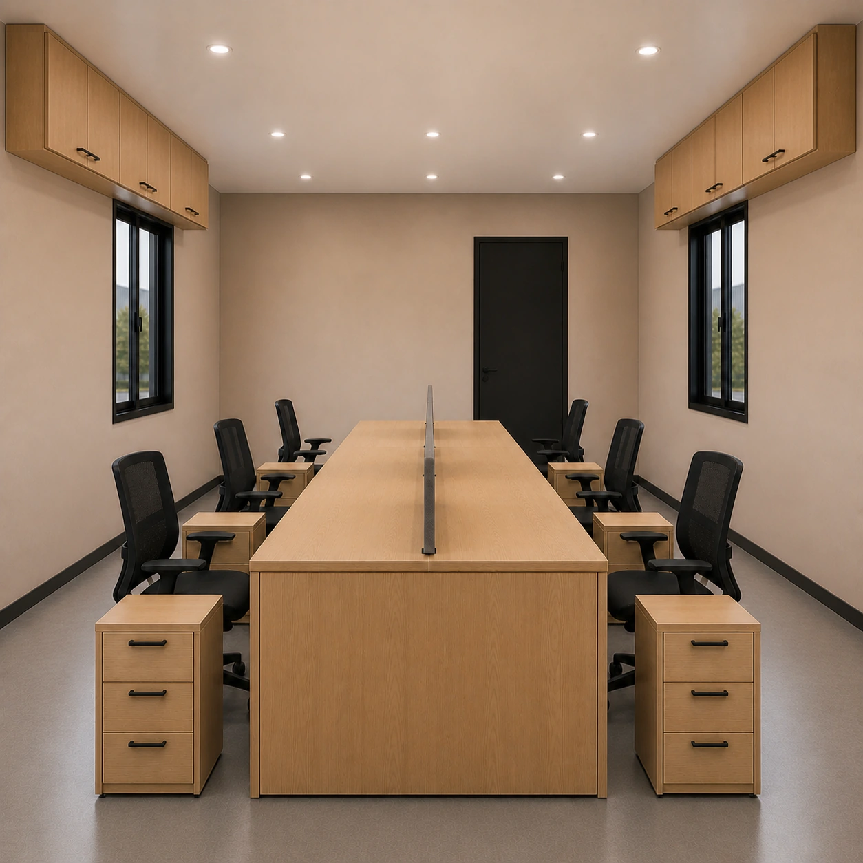 Six-station island desk with three chairs on each side and six wall-fixed cabinets under two windows