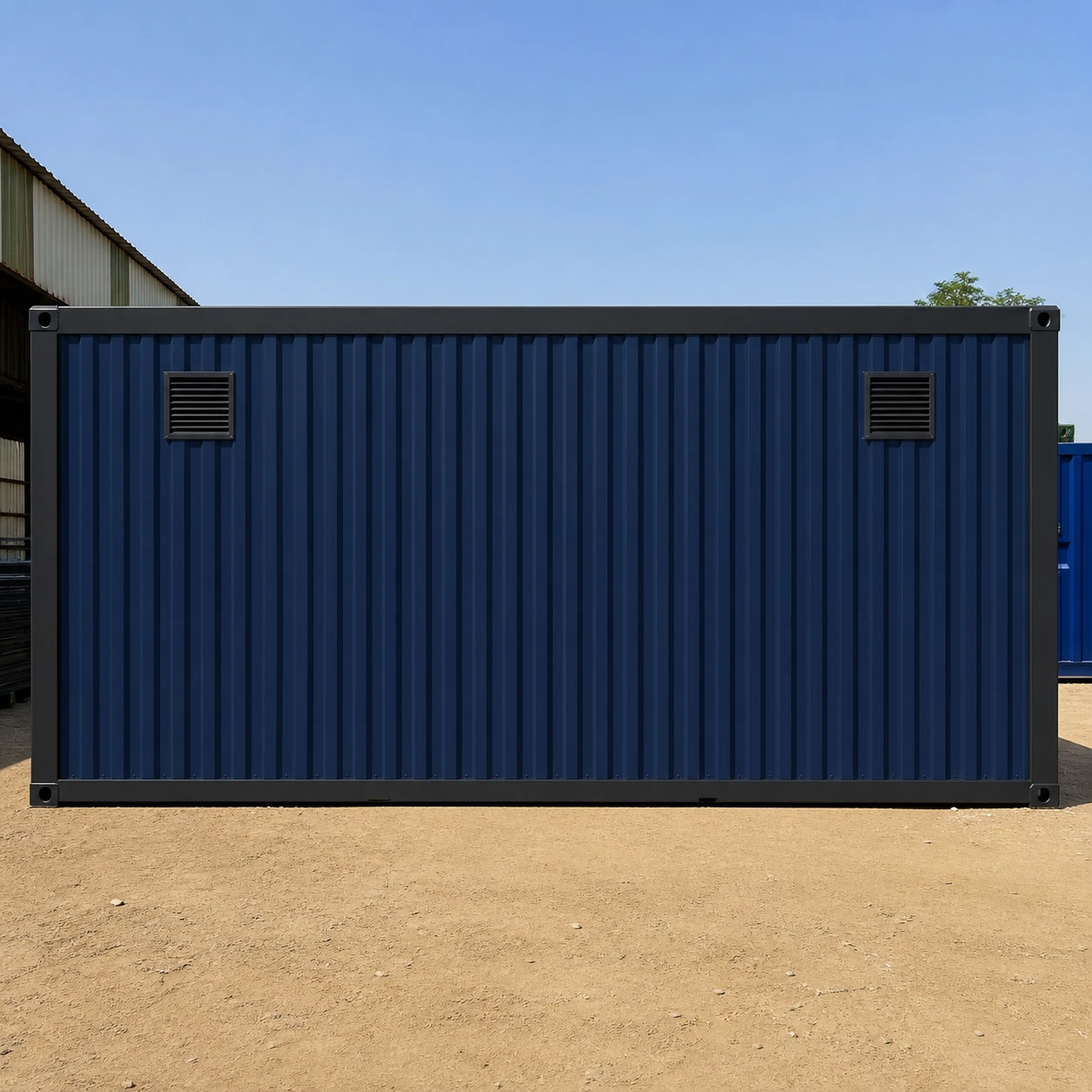 Solid service end elevation with two high-level exhaust louvres, no doors and no windows