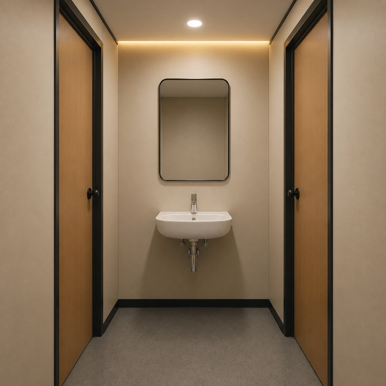 Shared wash lobby with a wall-hung basin, framed mirror and two internal doors to separate toilets