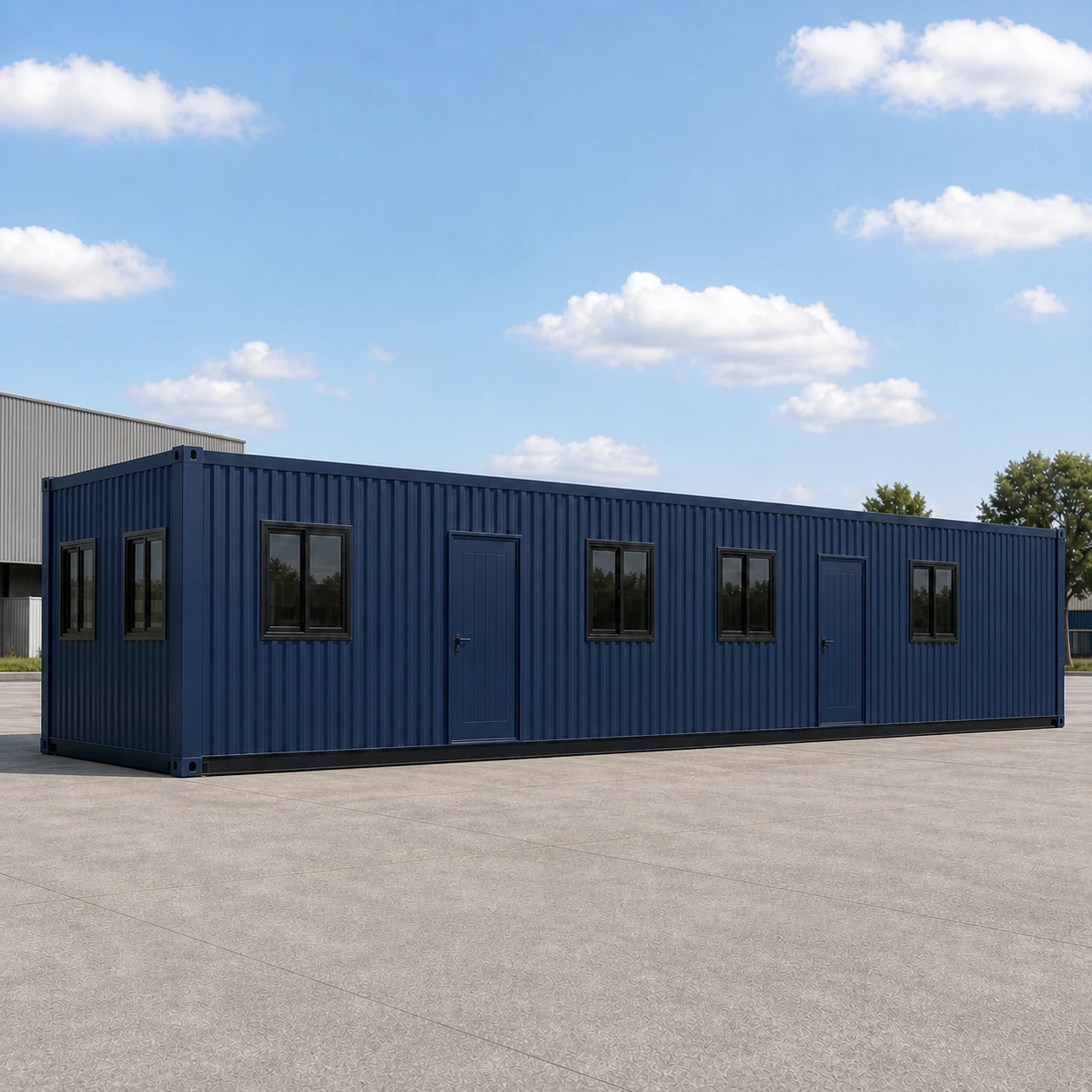 Deep oxford blue flat-pack container office with two personnel doors and four sliding windows on the long wall