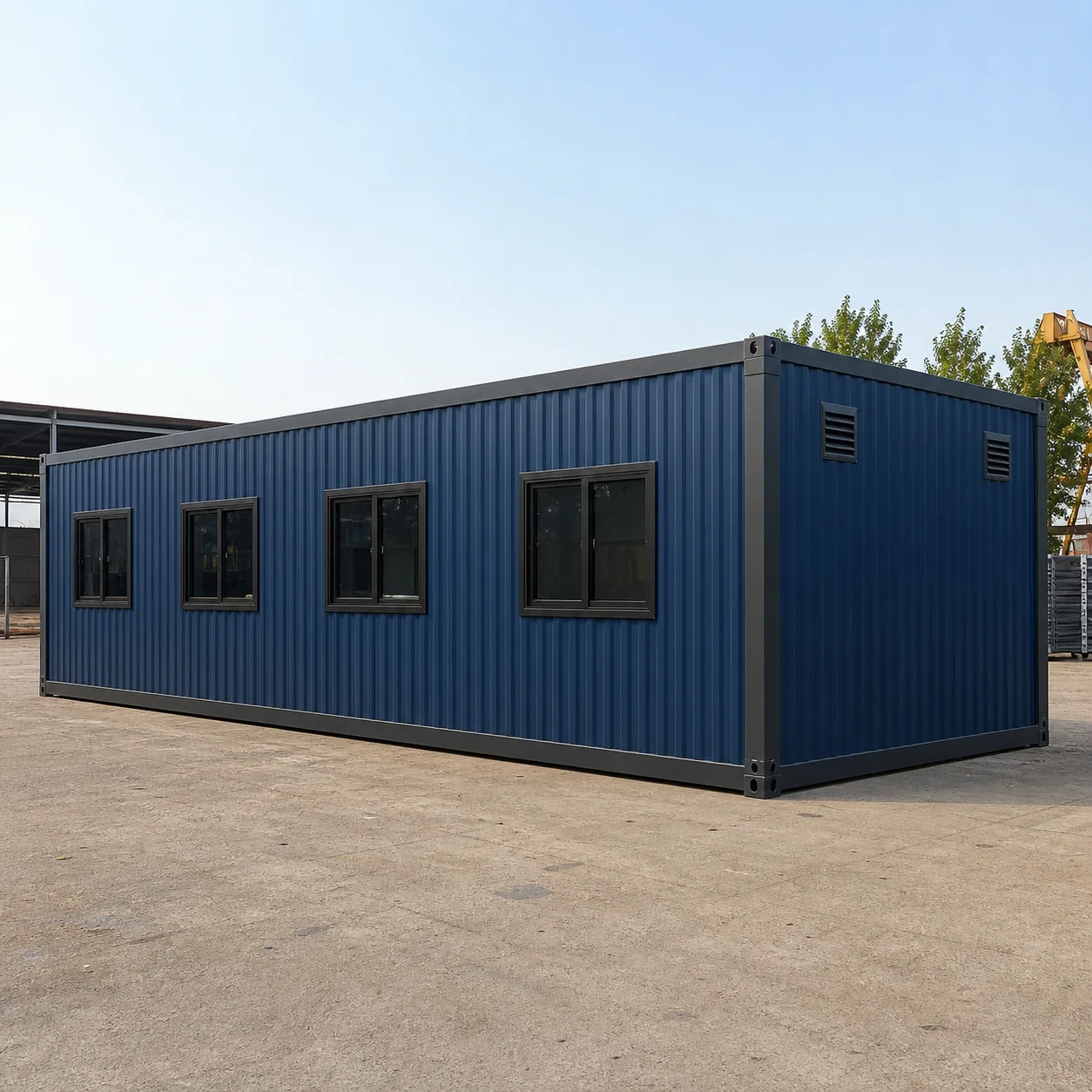 Rear long wall of the deep oxford blue flat-pack office with four sliding windows and no door