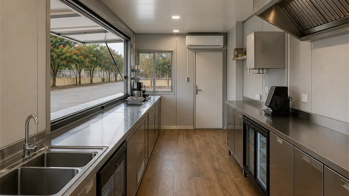 SAMAN food truck container 30x10x8.5 ft, interior looking back toward the entrance, wide view