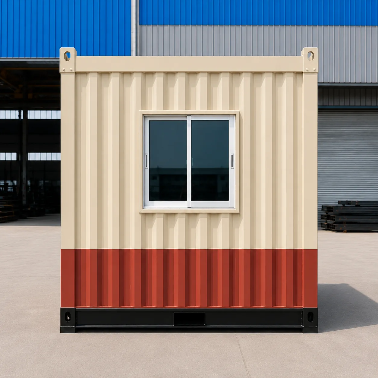 Cream and red two-tone 20x10 ft GI cabin, end elevation with a single window
